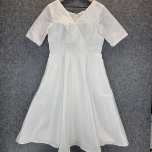 eShakti Dress Womens M (10) White Satin Midi Fit Flare Pockets‎ 50s Retro